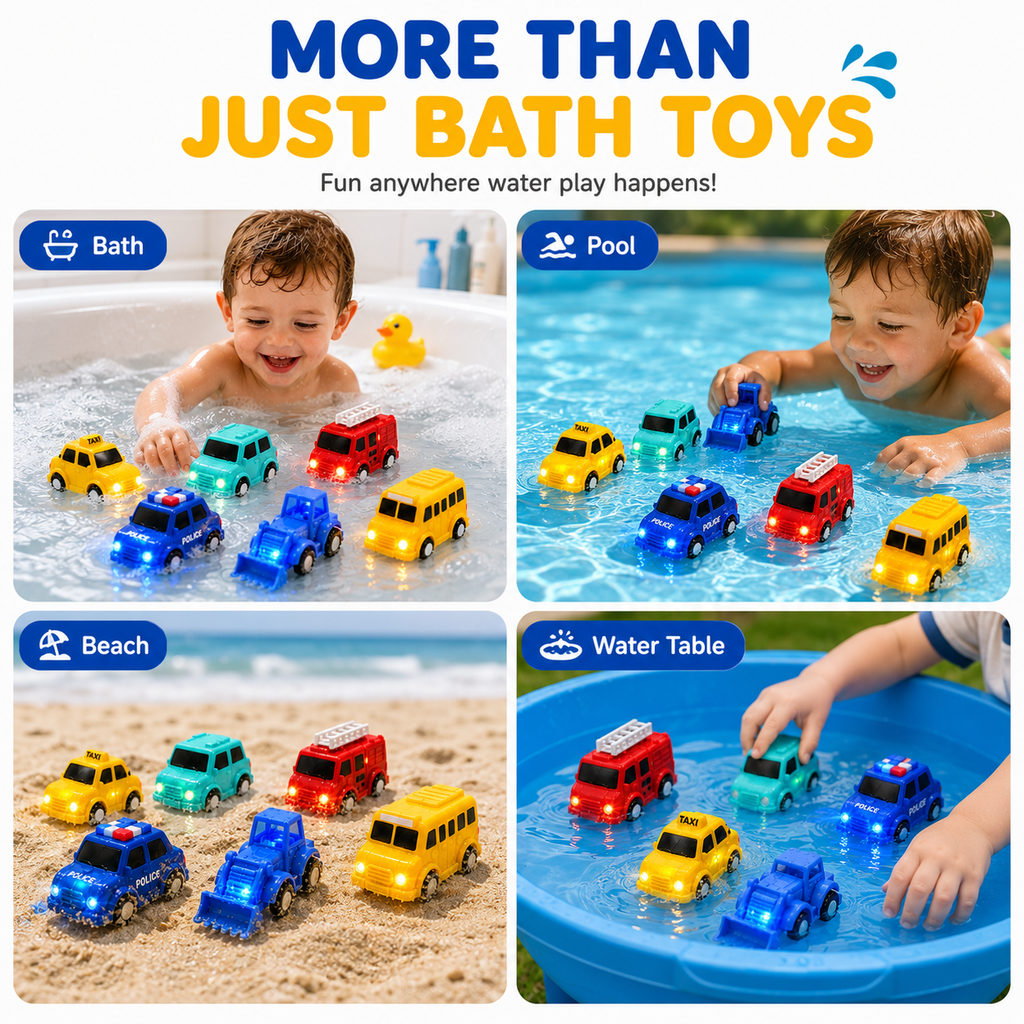 🚗Light Up Bath Cars🫧 6PCS Waterproof LED Bath Toys That Make Bath Time Magical ✨