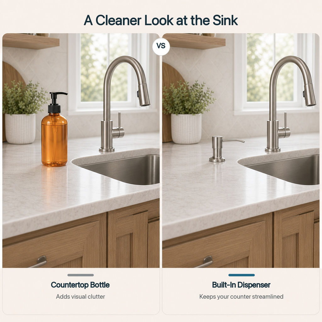 🧼Built-In Sink Soap Dispenser with Long Tube 💧 Draws directly from a larger soap container below the sink—ideal for kitchens and bathrooms with fewer refill interruptions.