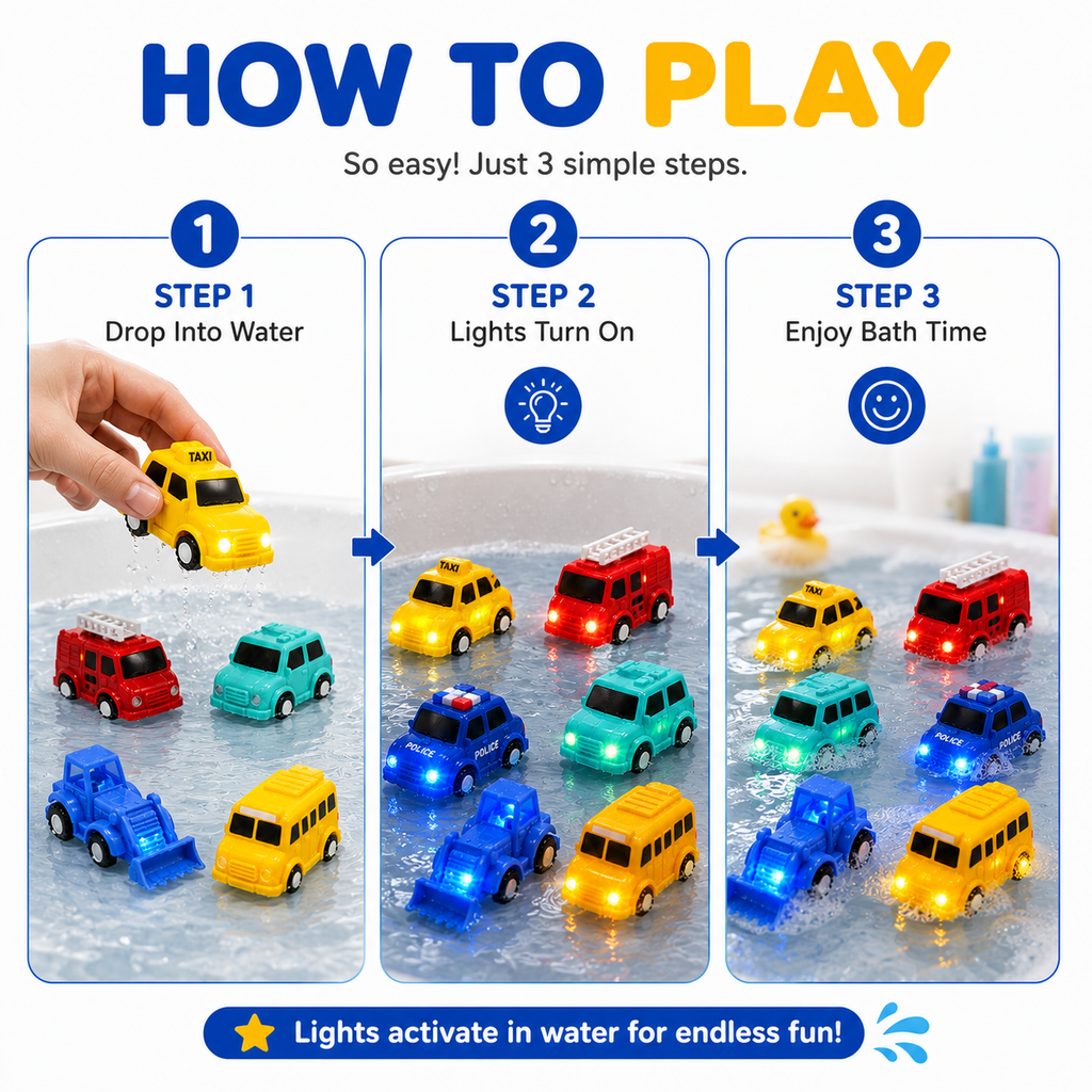🚗Light Up Bath Cars🫧 6PCS Waterproof LED Bath Toys That Make Bath Time Magical ✨