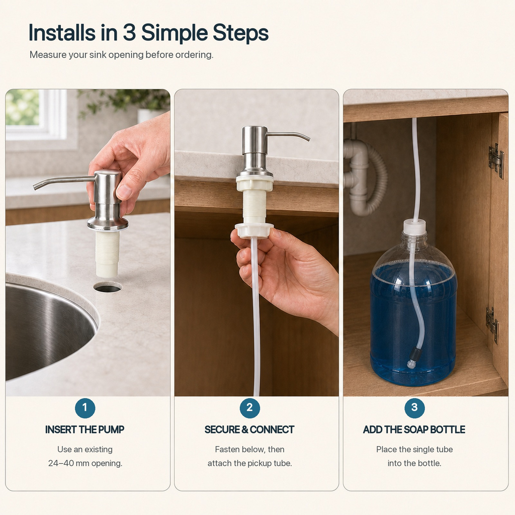 🧼Built-In Sink Soap Dispenser with Long Tube 💧 Draws directly from a larger soap container below the sink—ideal for kitchens and bathrooms with fewer refill interruptions.