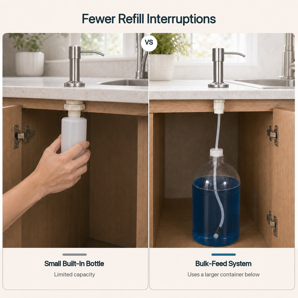 🧼Built-In Sink Soap Dispenser with Long Tube 💧 Draws directly from a larger soap container below the sink—ideal for kitchens and bathrooms with fewer refill interruptions.