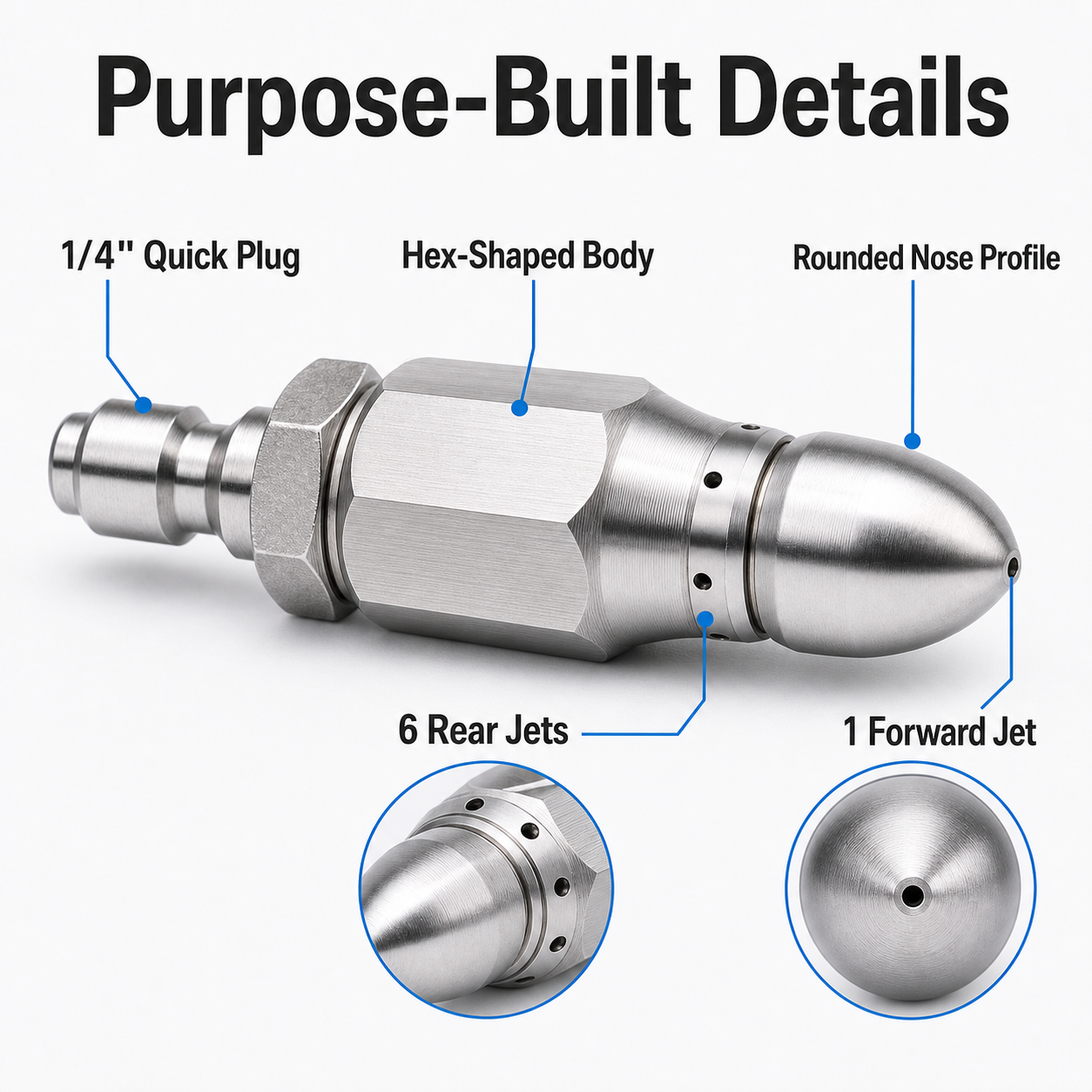 🔩Stainless Steel 7-Jet Sewer Jetter Nozzle with 1/4-In Quick Connect