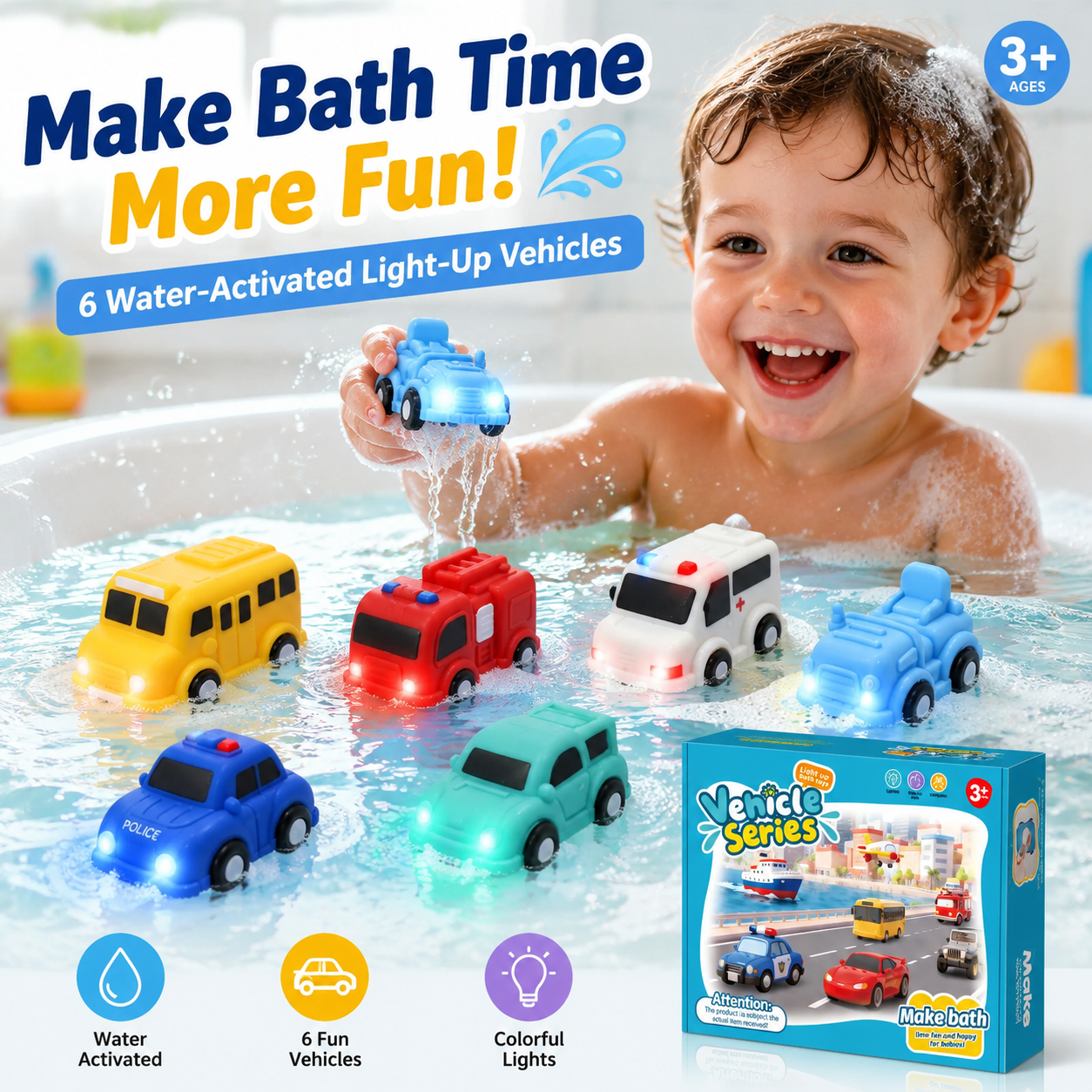 🚗Light Up Bath Cars🫧 6PCS Waterproof LED Bath Toys That Make Bath Time Magical ✨